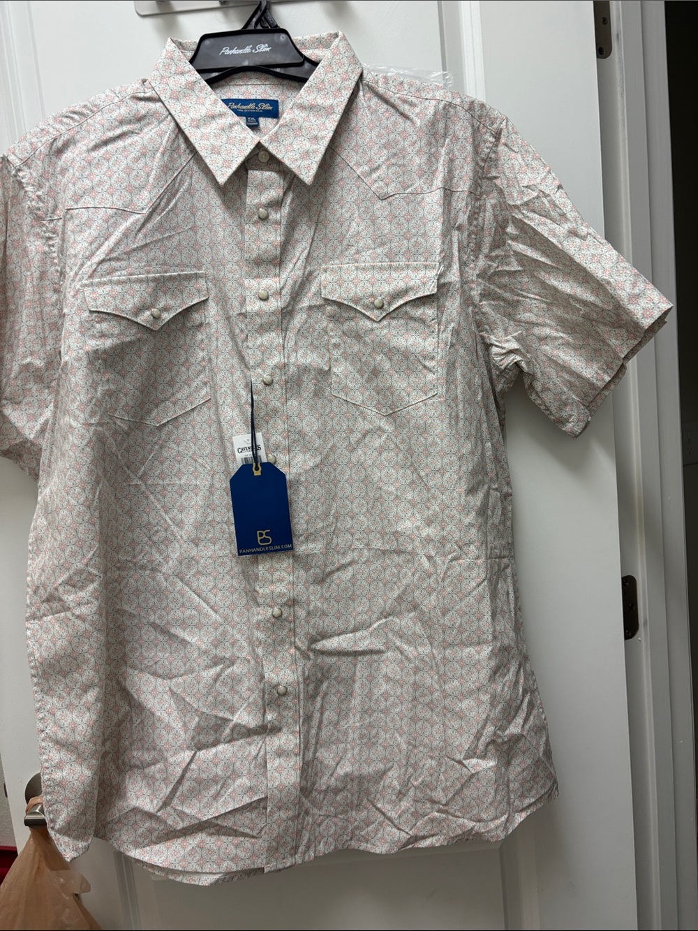 Button-Down Short Sleeve Shirt — Blue and White Geometric Print